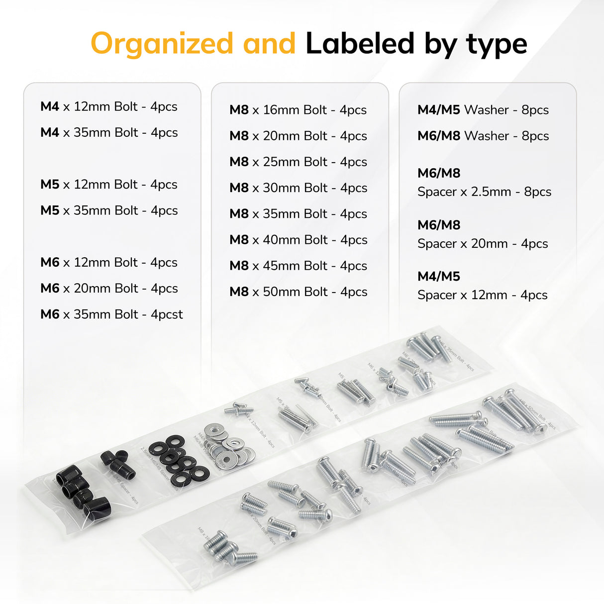 The Mount-It! TV Hardware Kit includes bolts, washers, and spacers in labeled bags, plus a size and quantity chart for M4, M5, M6, and M8 screws—making it a universal solution for TV wall mounting.