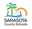 A colorful logo featuring a stylized blue book with pages open, a green palm tree growing from the left side of the book, and an orange sun setting behind the right side. Below the graphic, the text reads "SARASOTA County Schools" in a clean, modern font. The design combines educational and natural elements representing the school district in Sarasota County.