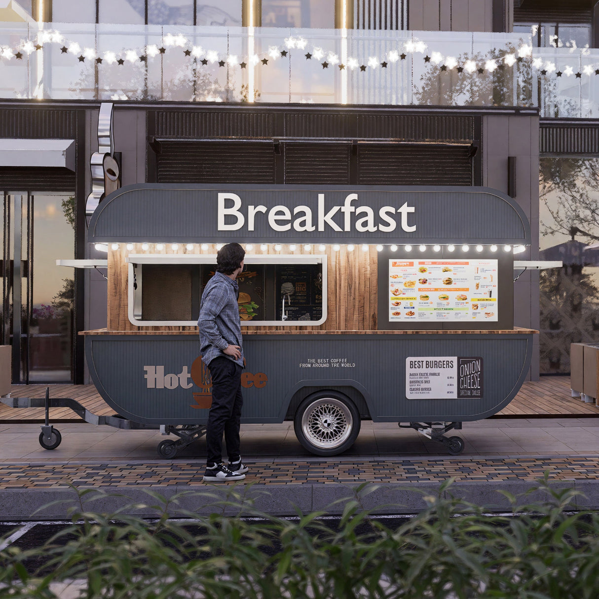 Anti-Rust RV TV Wall Mount installed on a food truck with person looking at the menu
