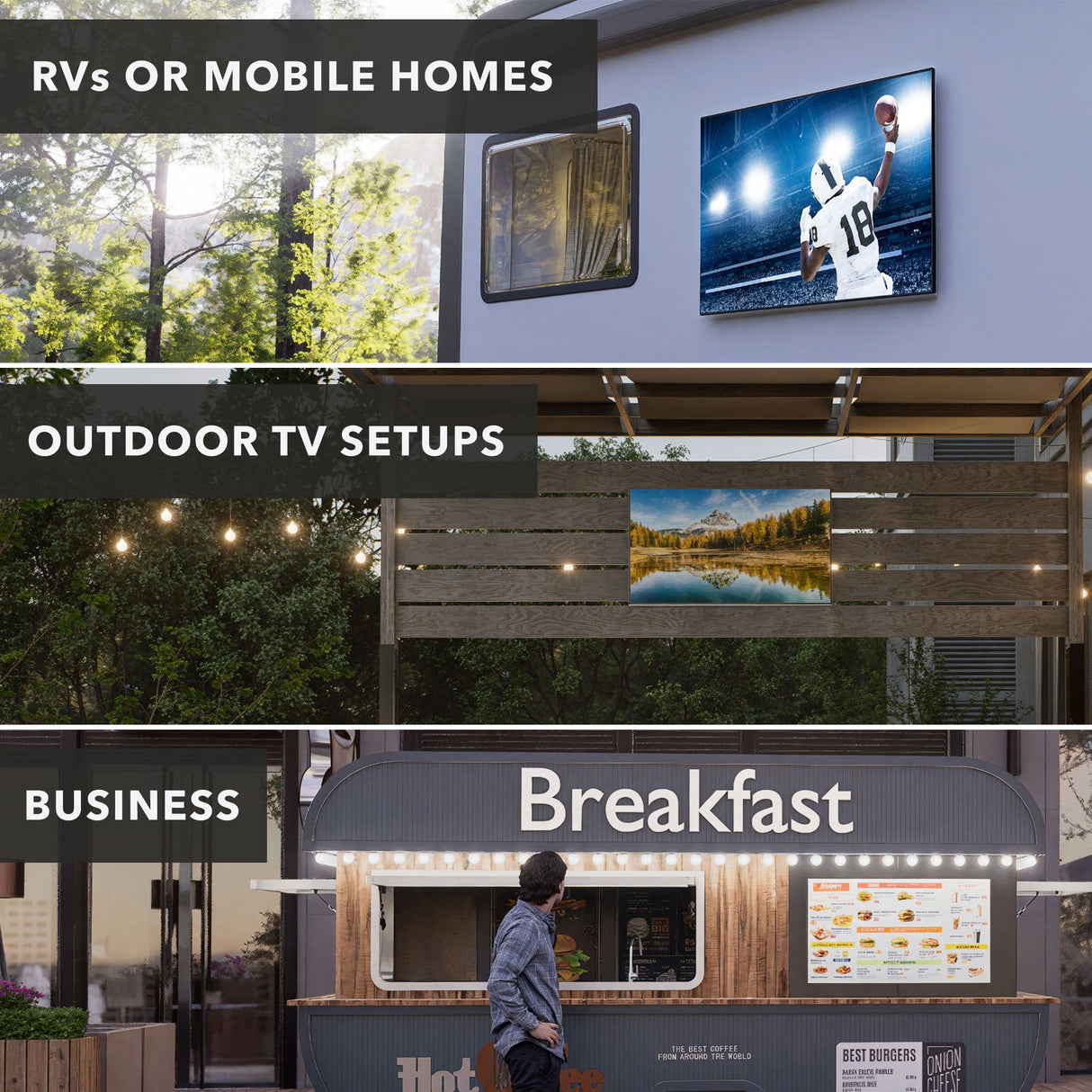 Anti-Rust RV TV Wall Mount split image showing TV mounted on RV, on patio wall and on food truck