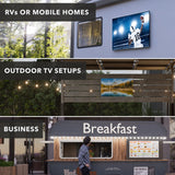 Anti-Rust RV TV Wall Mount split image showing TV mounted on RV, on patio wall and on food truck