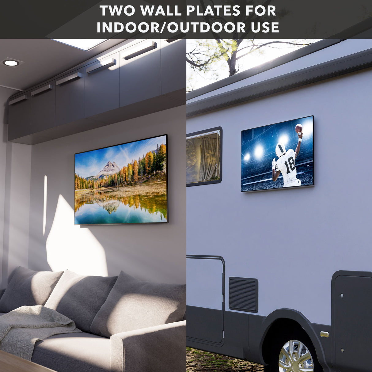 Anti-Rust RV TV Wall Mount split image showing the TV mounted outside and inside of an RV
