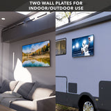 Anti-Rust RV TV Wall Mount split image showing the TV mounted outside and inside of an RV