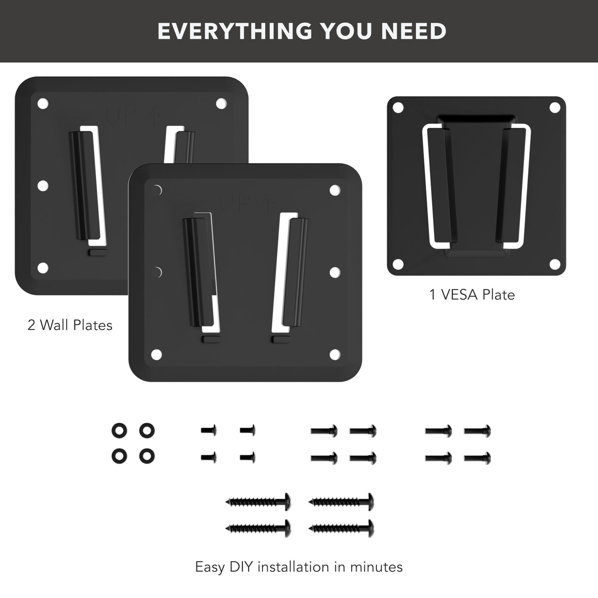 Anti-Rust RV TV Wall Mount package contents 2 wall plates, 1 vesa plate, hardware kit