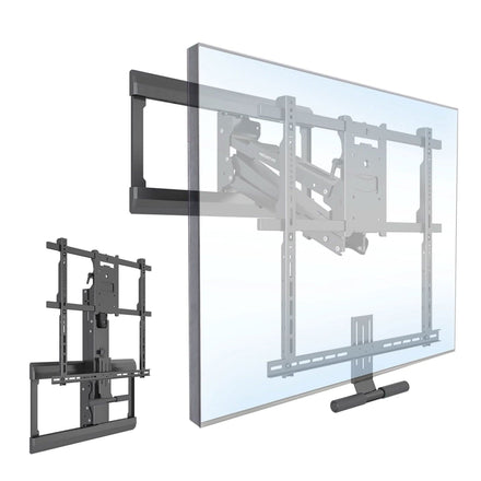 The Mount-It! Pull Down Fireplace TV Mount in black is shown supporting a large flat-screen TV. It features height adjustment, extendable arms, and swiveling joints for flexible positioning, with an isolated view displayed on the left.
