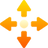A graphic icon representing multi-directional movement with four arrows pointing outward in up, down, left, and right directions from a central point, rendered in a simple orange color on a transparent or white background. The design is minimalistic and clean, suitable for illustrating concepts related to expansion, navigation, or flexibility in spatial contexts.