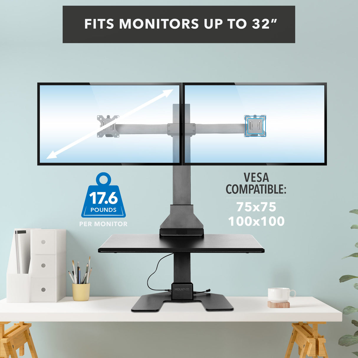Desk Converters - Electric Sit-Stand Desk Converter for 2 Monitors - Mount-It! -