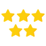 Five evenly spaced, bright yellow stars with a flat and simple design are arranged in a horizontal row against a clean white background, symbolizing a top rating or high quality evaluation in a minimalist style.