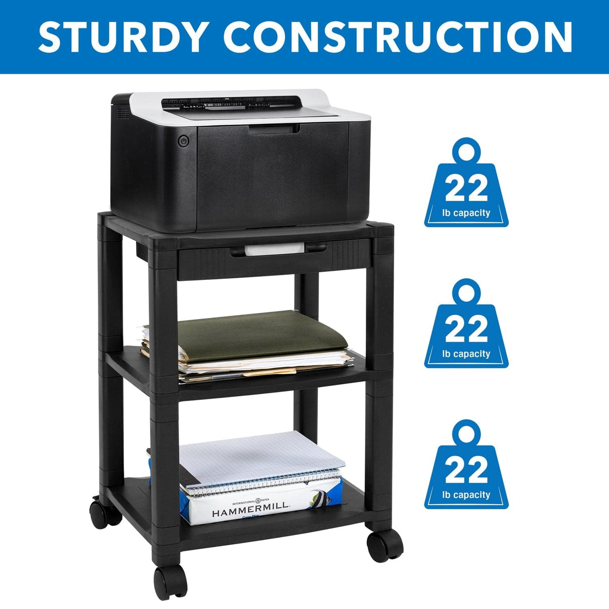 Printer Stand - Height Adjustable Rolling Printer Cart - Mount-It! - MI-7855A