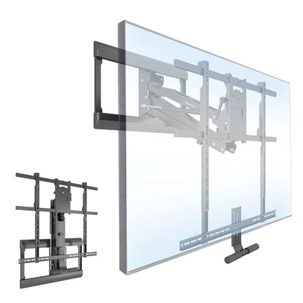 The Mount-It! Pull Down Fireplace TV Mount, shown with its extendable arm in both retracted and extended positions, demonstrates its flexibility—ideal for mounting large TVs above a fireplace.