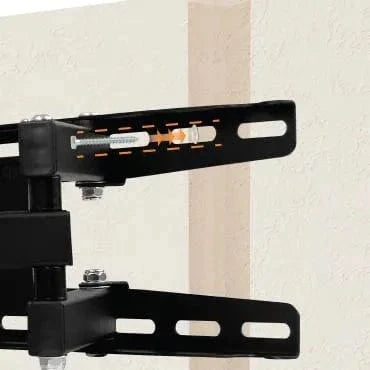 A close-up of a black metal TV wall mount bracket attached to a light-colored textured wall, with an orange anchor and screw securing the bracket to the wall.