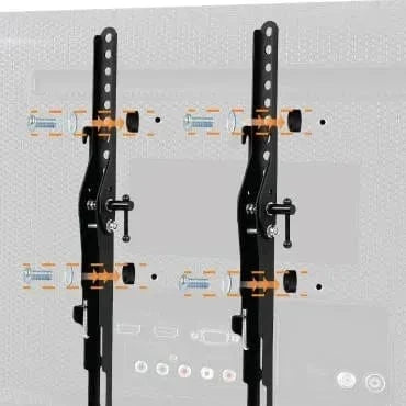 A diagram shows a TV wall mount bracket being installed on the back of a TV, with bolts, spacers, and adjustment knobs highlighted in orange arrows to illustrate assembly steps.