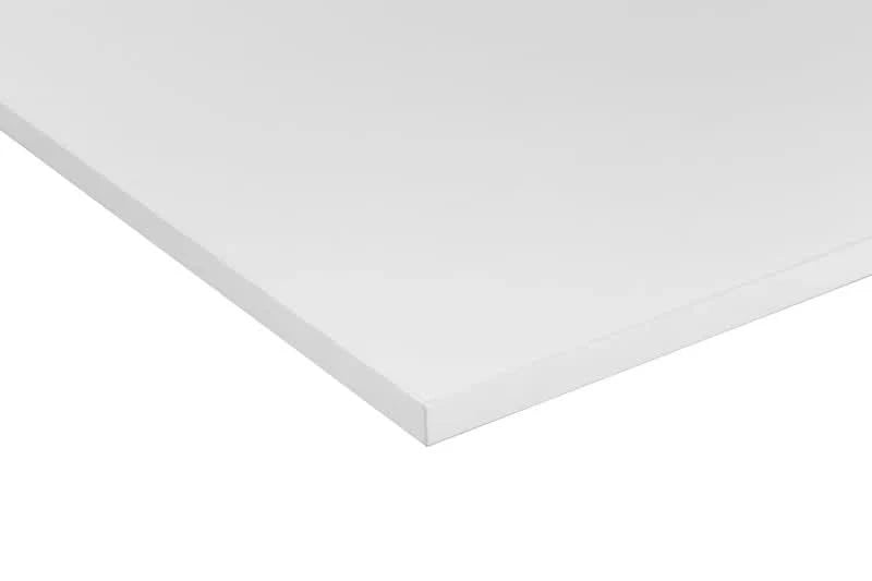 A close-up of the corner of a Mount-It! Hand Crank Standing Desk with 55" tabletop and black base, highlighting its flat, rectangular design against a plain background.